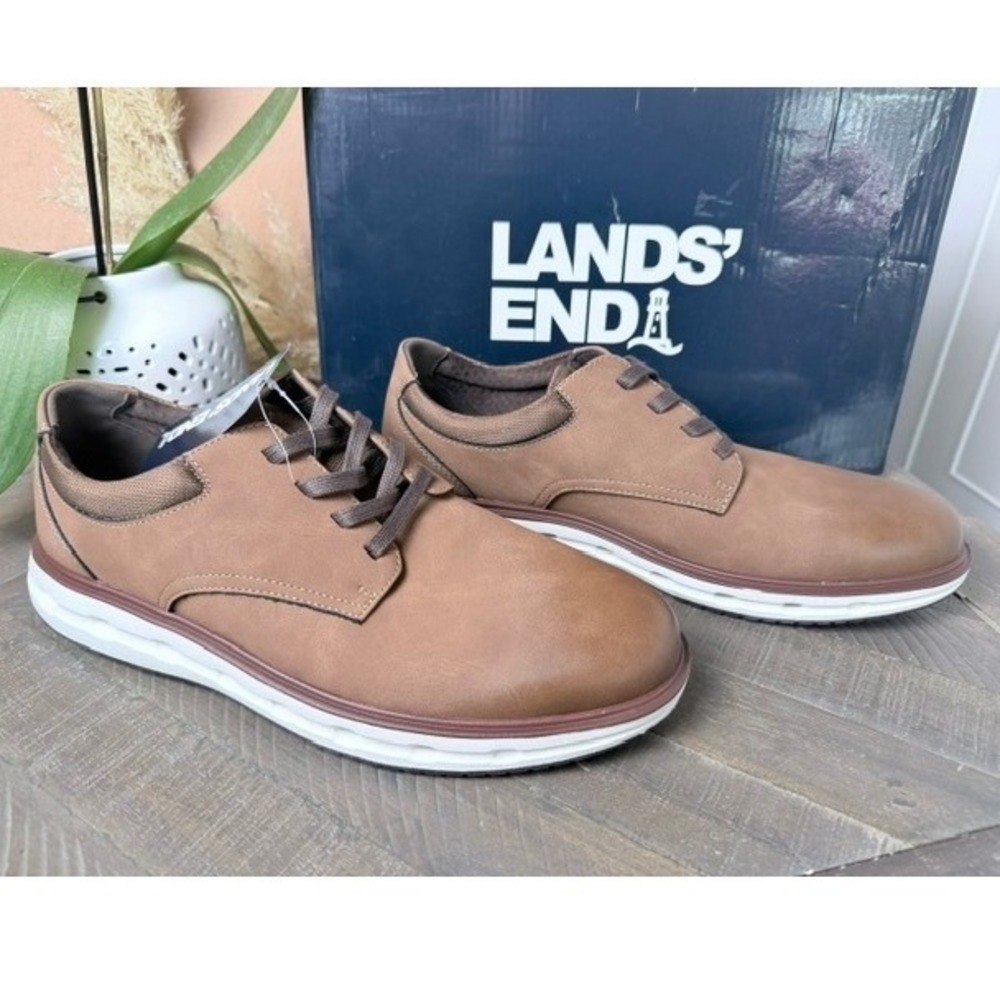 Lands' End Sport Oxford Mens 10.5 Dark Tan White Casual Dress Shoes NWT
